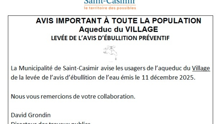 LEVÉE DE L'AVIS D'ÉBULLITION