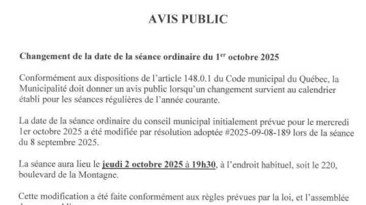 AVIS PUBLIC - Changement de la date de la séance ordinaire du 1er octobre 2025