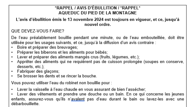 Rappel avis d'ébullition aqueduc du Pied de la Montagne