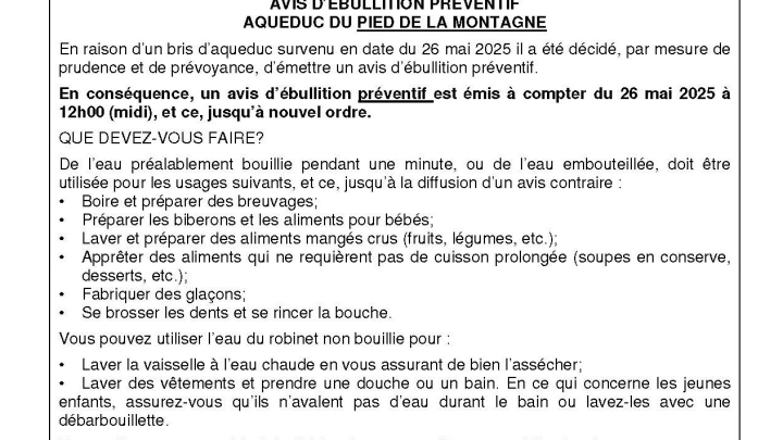 AVIS D'ÉBULLITION PRÉVENTIF - AQUEDUC PIED DE LA MONTAGNE
