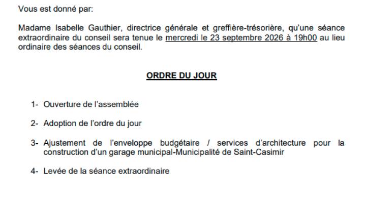 Avis de convocation - Séance extraordinaire