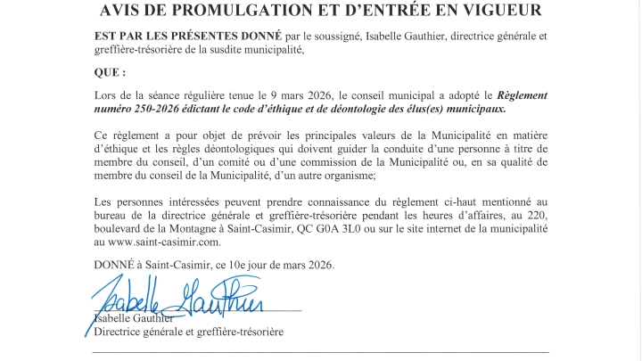 AVIS DE PROMULGATION ET D'ENTRÉE EN VIGUEUR