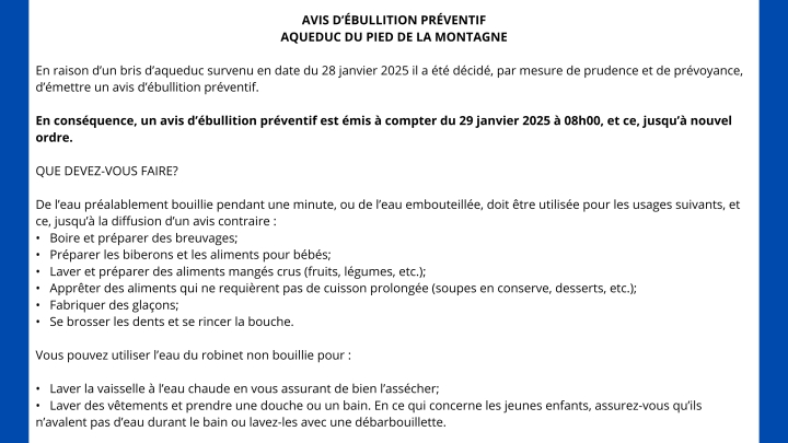 Avis d'ébullition Préventif - Aqueduc du village