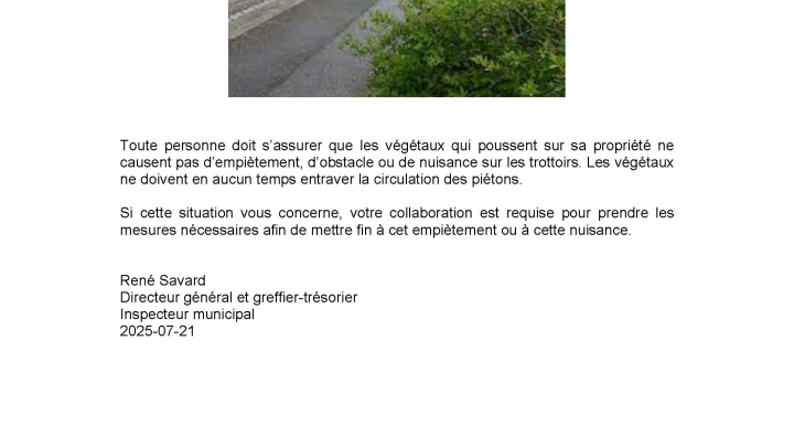 AVIS -Empiètement des végétaux sur les trottoirs