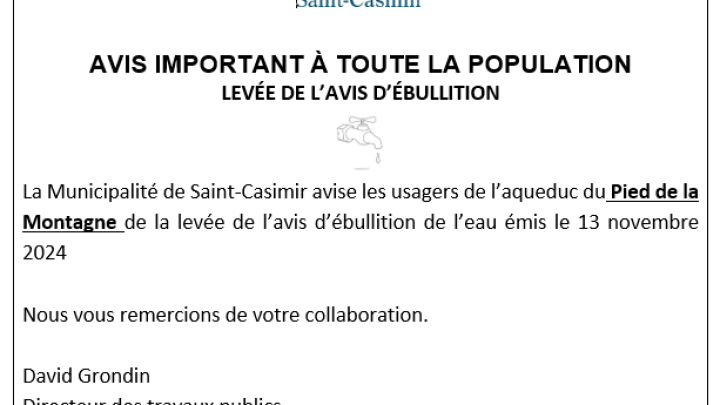 Levée de l'avis d'ébullition pour le réseau d'aqueduc du Pied de la Montagne