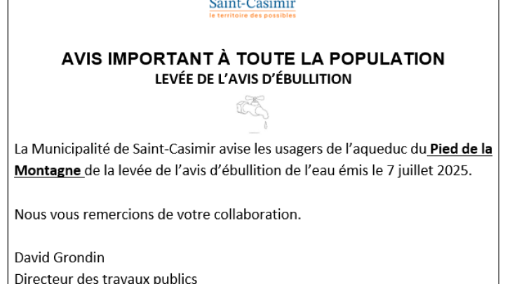 LEVÉE DE L'AVVIS D'ÉBULLITION - AQUEDUC DU PIED DE LA MONTAGNE