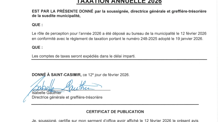 AVIS PUBLIC - Dépôt du rôle de perception - Taxation annuelle 2026