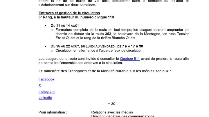 Avis du Ministère des transports et de la mobilité durable