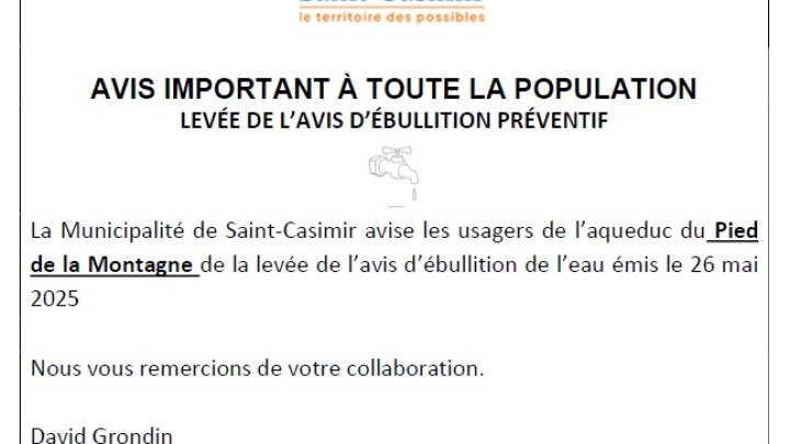 LEVÉE DE L'AVIS D'ÉBULLITION PRÉVENTIF