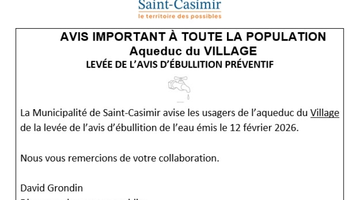 LEVÉE DE L'AVIS D'ÉBULLITION - AQUEDUC VILLAGE
