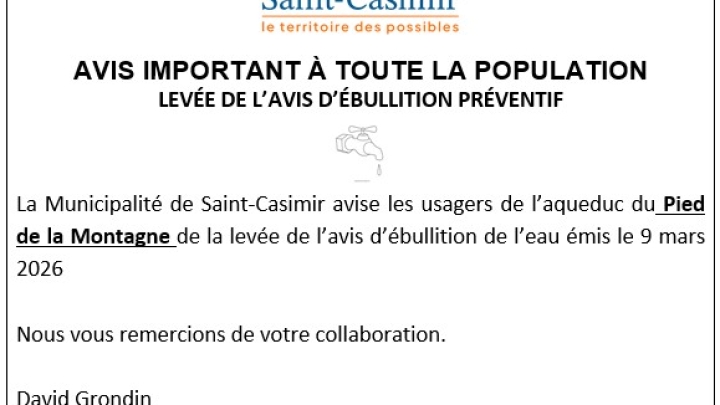 LEVÉE DE L'AVIS D'ÉBULLITION - AQUEDUC DU PIED DE LA MONTAGNE