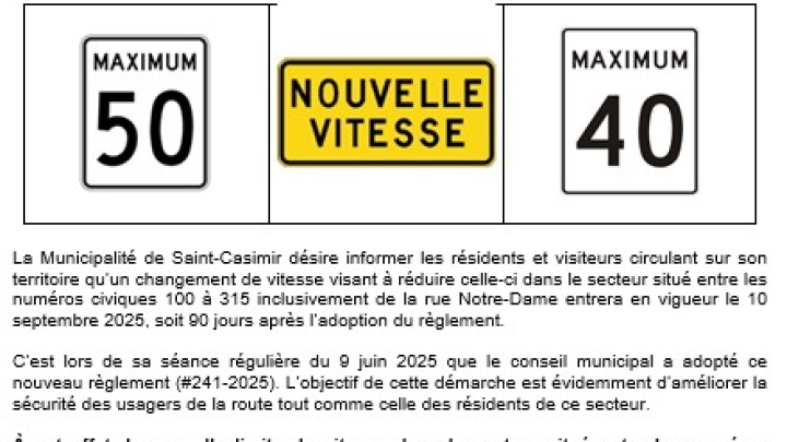 RÉDUCTION DE LA LIMITE DE VITESSE SUR LA RUE NOTRE-DAME