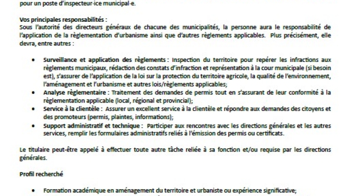 OFFRE D'EMPLOI - Inspecteur·ice municipal·e (Bâtiment et environnement)