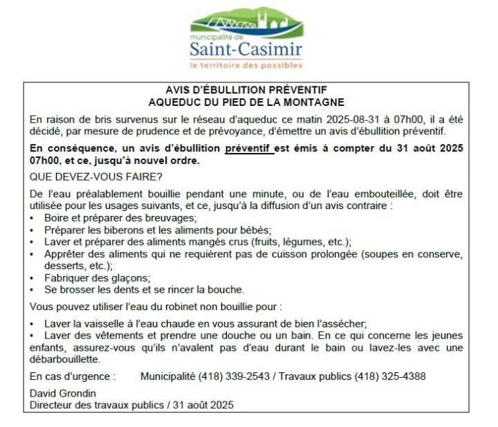 AVIS D'ÉBULLITION - AQUEDUC DU PIED DE LA MONTAGNE