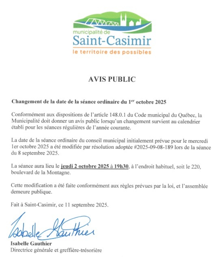 AVIS PUBLIC - Changement de la date de la séance ordinaire du 1er octobre 2025