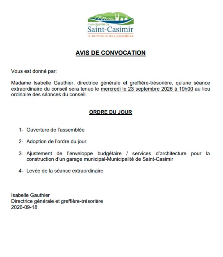 Avis de convocation - Séance extraordinaire
