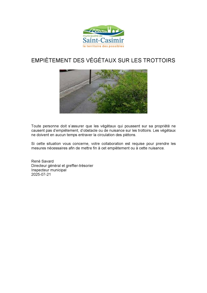 AVIS -Empiètement des végétaux sur les trottoirs