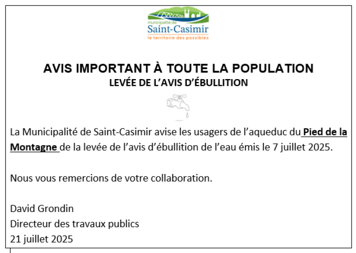 LEVÉE DE L'AVVIS D'ÉBULLITION - AQUEDUC DU PIED DE LA MONTAGNE