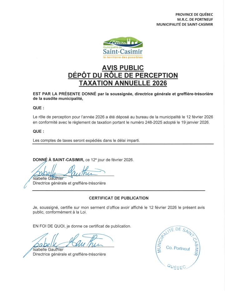 AVIS PUBLIC - Dépôt du rôle de perception - Taxation annuelle 2026