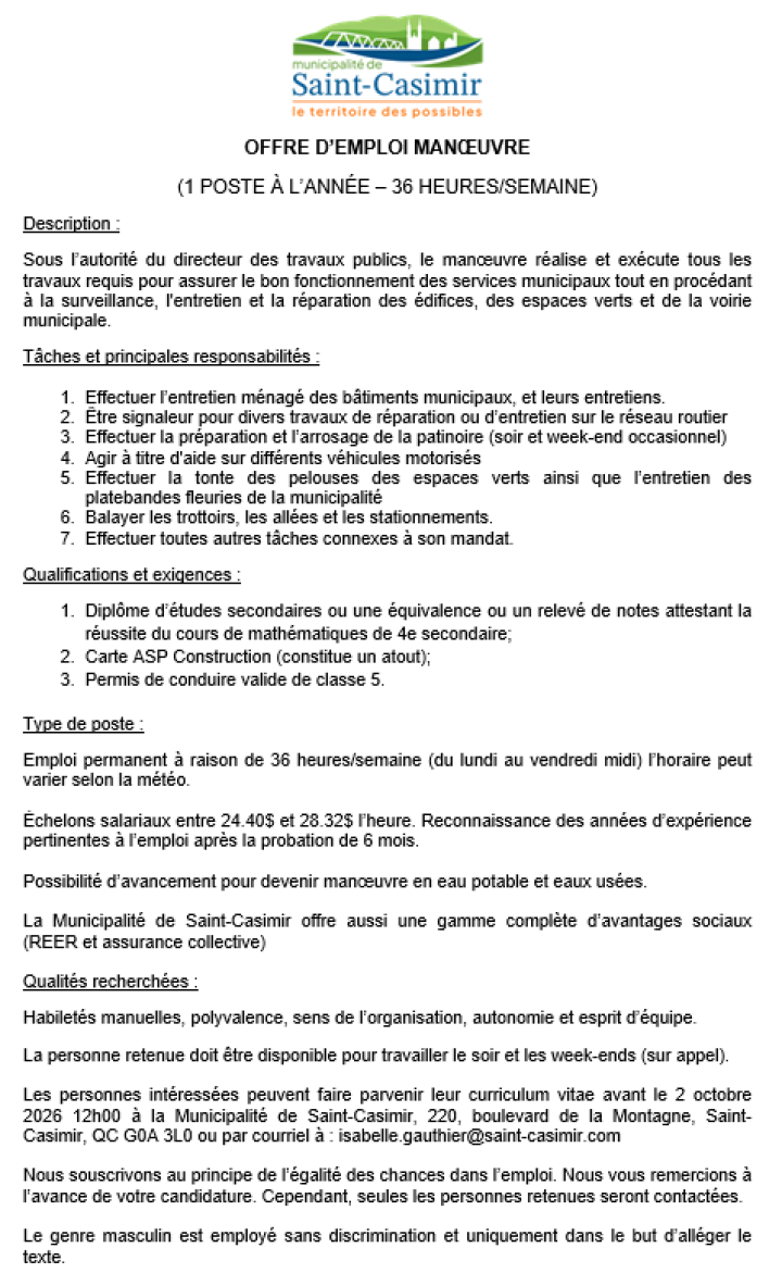OFFRE D'EMPLOI - MANOEUVRE