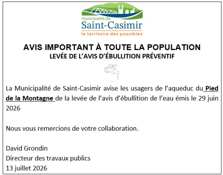 LEVÉE DE L'AVIS D'ÉBULLITION- AQUEDUC DU PIED DE LA MONTAGNE