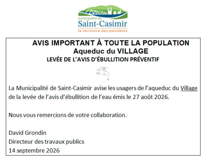 LEVÉE DE L'AVIS D'ÉBULLITION - Aqueduc Village
