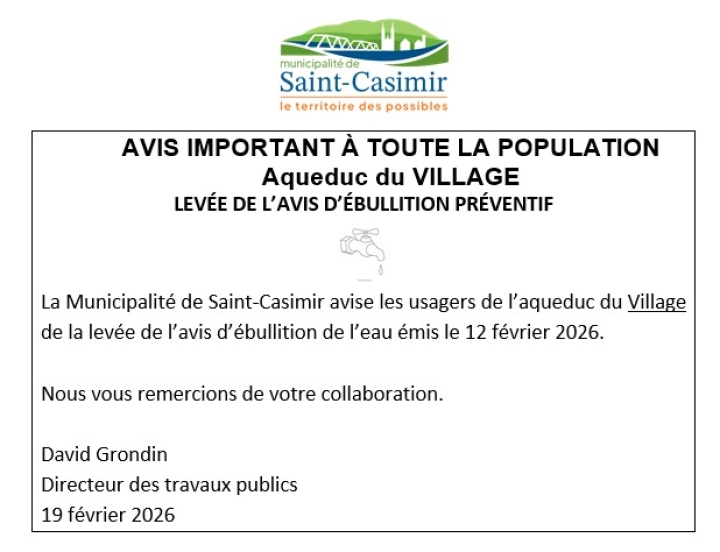 LEVÉE DE L'AVIS D'ÉBULLITION - AQUEDUC VILLAGE
